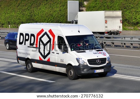 FRANKFURT,GERMANY-MARCH 28:DPD van on the highway on March 28,2015 in Frankfurt,Germany.Dynamic Parcel Distribution or DPD is an international parcel delivery company owned by GeoPost.