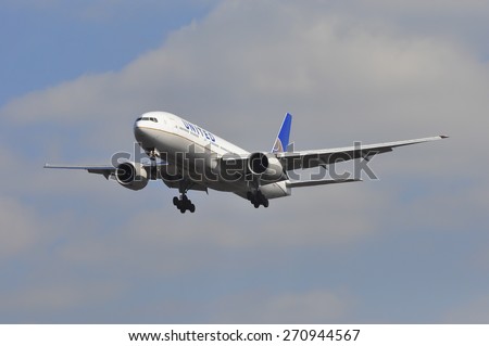 FRANKFURT,GERMANY-MARCH 28:Airplane of United Airlines on March 28,2015 in Frankfurt,Germany.United Airlines, Inc. is an American major airline headquartered in Chicago, Illinois.