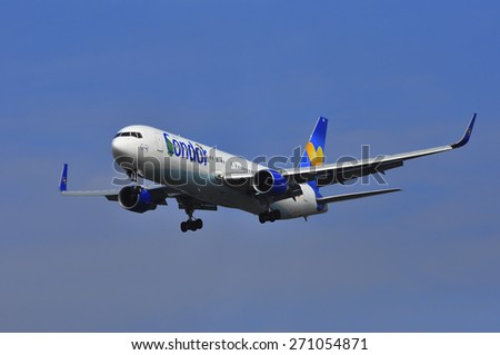 FRANKFURT,GERMANY-MARCH 28:airplane of Condor airlines on March 28 in Frankfurt,Germany.Condor Flugdienst GmbH, usually shortened to Condor, is a German leisure airline based in Frankfurt.