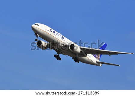 FRANKFURT,GERMANY-MARCH 28:airplane of United Airlines above the Frankfurt airport on March 28,2015 in Frankfurt,Germany.United Airlines- an American major airline headquartered in Chicago, Illinois.