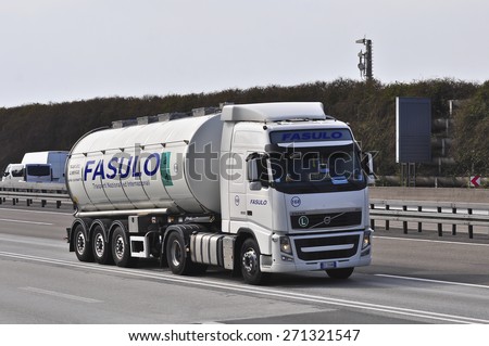 FRANKFURT,GERMANY-MARCH 28: VOLVO oil truck on the highway on March 28,2015 in Frankfurt,Germany.Volvo Trucks is a global truck manufacturer based in Gothenburg, Sweden,owned by AB Volvo.