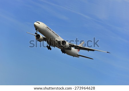 FRANKFURT,GERMANY-APRIL 10:airplane of Japan Airlines on April 10,2015 in Frankfurt,Germany.Japan Airlines Co., Ltd., is the largest airline company in Japan.