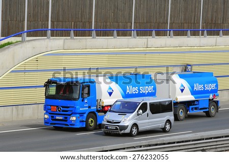 FRANKFURT,GERMANY- APRIL 16:oil truck of Aral on the highway on April 16,2015 in Frankfurt,Germany.Aral is a brand of automobile fuels and gas stations, present in Germany and Luxembourg.