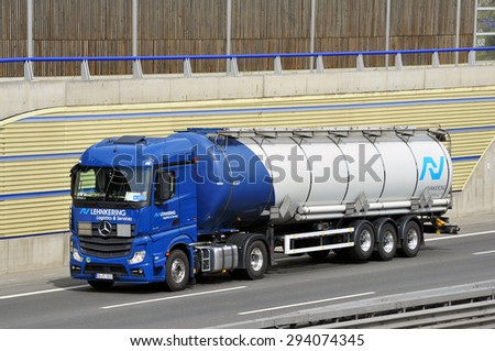 FRANKFURT,GERMANY - APRIL 16:Oil truck on the highway on April 16,2015 in Frankfurt, Germany.