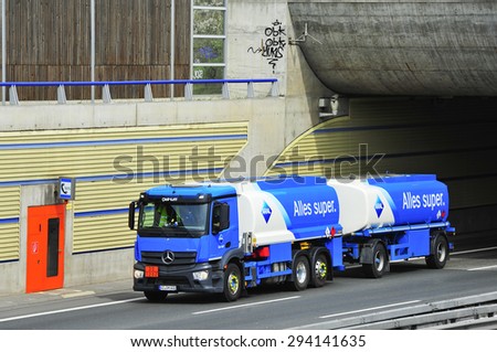 FRANKFURT,GERMANY - APRIL 16:Oil truck of ARAL on the highway on April 16,2015 in Frankfurt, Germany.