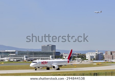 FRANKFURT,GERMANY-MAY 13:airplane of HOP Air France in Frankfurt airport on May 13,2015 in Frankfurt,Germany.HOP is a regional subsidiary of Air France.
