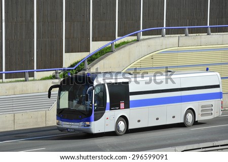 FRANKFURT,GERMANY-APRIL 24:POLICE bus on the highway on April 24,2015 in Frankfurt,Germany.