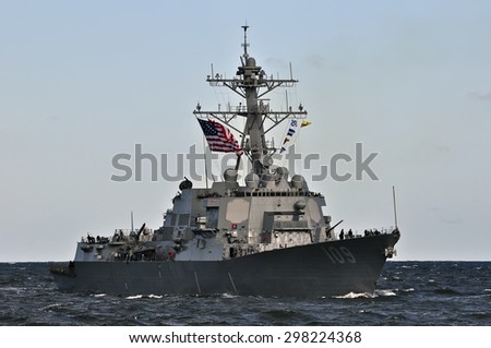 KLAIPEDA,LITHUANIA-JULY 17:military ship USS JASON DUNHAM in the Baltic sea on July 17,2015 in Klaipeda,Lithuania.USS Jason Dunham is an Arleigh Burke-class destroyer in the United States Navy.