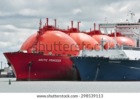 KLAIPEDA,LITHUANIA- JULY 20:The liquefied-natural-g as (LNG) ship Independence and LNG Tanker ARCTIC PRINCESS (registered in Norway) in Klaipeda port on July 20,2015 in Klaipeda,Lithuania.