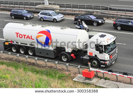 FRANKFURT,GERMANY-APRIL 16: Oil truck of TOTAL on April 16,2015 in Frankfurt,Germany.Total is a French multinational oil company and one of the Supermajor oil companies in the world.