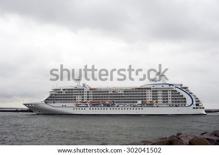 KLAIPEDA,LITHUANIA- JULY 29:Cruise liner Seven Seas Voyager in port Klaipeda on July 29,2015, Lithuania. Seven Seas Voyager is a cruise ship for Regent Seven Seas Cruises.