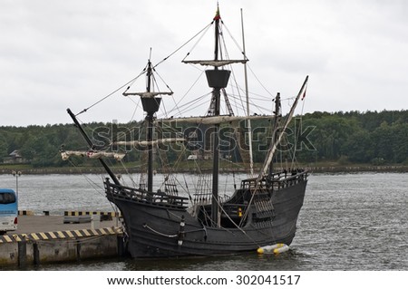 KLAIPEDA,LITHUANIA - JULY 29 : old sailing ship NAO VICTORIA in port on July 29 , 2012 , in Klaipeda, Lithuania. NAO VICTORIA - The First Ship To Sail Around The World 1519 - 1522.