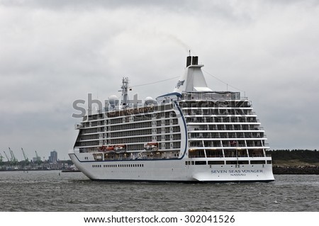 KLAIPEDA,LITHUANIA- JULY 29:Cruise liner Seven Seas Voyager in port Klaipeda on July 29,2015, Lithuania. Seven Seas Voyager is a cruise ship for Regent Seven Seas Cruises.