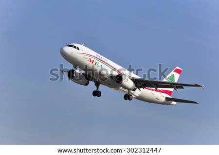 FRANKFURT,GERMANY-APRIL 10:airplane of Middle East Airlines on April 10,2015 in Frankfurt,Germany.Middle East Airlines  is the national flag-carrier airline of Lebanon, with its head office in Beirut