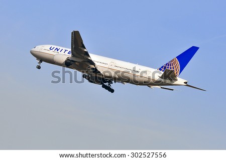 FRANKFURT,GERMANY-APRIL 10:airplane of United Airlines on April 10,2015 in Frankfurt,Germany.UNITED AIRLINES  is a major American airline carrier headquartered in Chicago, Illinois.