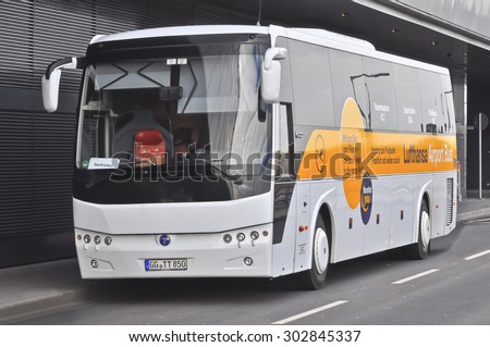 FRANKFURT,GERMANY-MARCH 28:LUFTHANSA AIRPORT BUS in motion on the highway on March 28,2015 in Frankfurt,Germany.Lufthansa, is the flag carrier of Germany and also the largest airline in Europe.