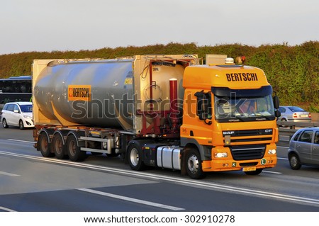 FRANKFURT,GERMANY - APRIL 10:DAF oil truck on the highway on April 10,2015 in Frankfurt, Germany.