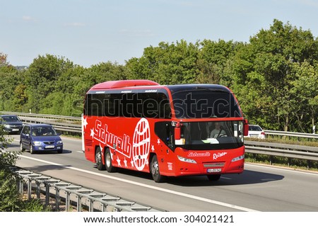 FRANKFURT,GERMANY-JULY 31:modern and luxury double-decker bus on the highway on July 31,2015 in Frankfurt,Germany.