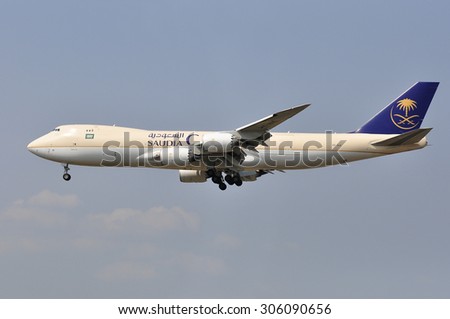 FRANKFURT,GERMANY-AUGUST 10:airplane of Saudi Airlines Cargo on August 10,2015 in Frankfurt,Germany.flights across Asia, Africa, Europe and the USA, reaching over 225 international destinations.