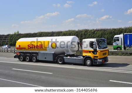 FRANKFURT,GERMANY - AUG 21:Shell Oil Truck on the highway on August 21,2015 in Frankfurt, Germany.Royal Dutch Shell plc, commonly known as Shell, is an Anglo-Dutch multinational oil and gas company
