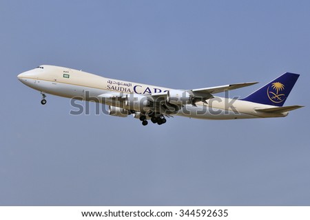 FRANKFURT,GERMANY-AUGUST 10:airplane of Saudi Cargo on August 10,2015 in Frankfurt,Germany.Saudi Arabian Airlines operating as Saudia is the flag carrier airline of Saudi Arabia.