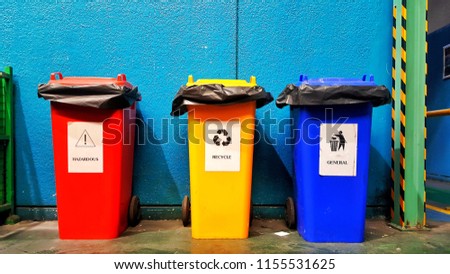 Many color and type wheelie trash can, garbage can, dustbin, rubbish bin row in Factory.