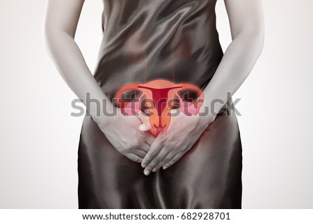 Woman with hands holding her crotch. Human reproductive system. Female anatomy concept.