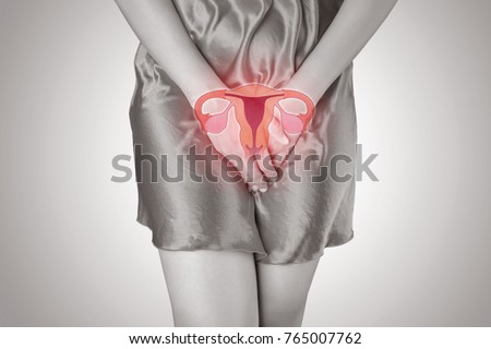 The photo of uterus is on the woman\'s body, isolate on white background, Female anatomy concept