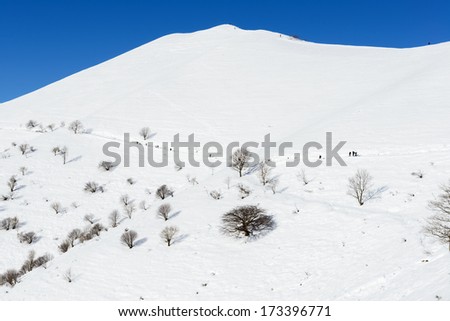People walking on path with snow, Mount San Primo (North Italy)