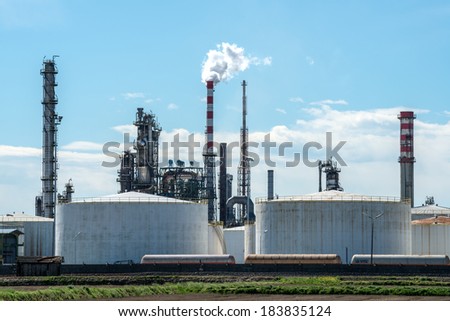 Storage tanks and towers at oil refinery of Sannazzaro, Lomellina (Italy)