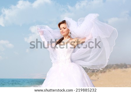 the bride with a veil on the beach in the sky and blue sea
