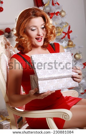 Christmas and New Year. Woman with a gift box in the beautiful interior with a Xmas tree