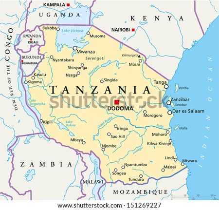 Tanzania Political Map - Political Map Of Tanzania With The Capital ...