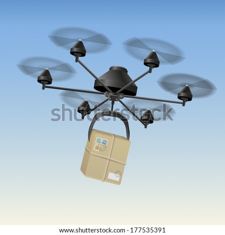 Drone or unmanned aerial vehicle (UAV) transporting a package.