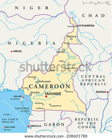 Cameroon Political Map With Capital Yaounde, National Borders, Most