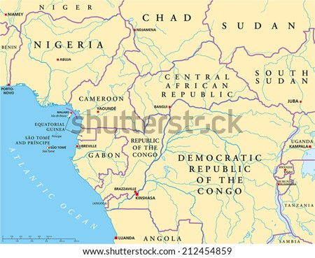 West Central Africa Political Map with capitals national borders rivers and lakes Illustration with English labeling and scaling West Central Africa Political Map with capitals national borders rivers and lakes Illustration with English labeling and scaling