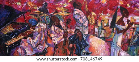 singer, jazz club, saxophonist, jazz band, orchestra, musical instruments,texture, oil painting, artist Roman Nogin, series \