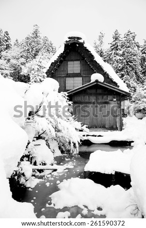 One of UNESCO World Heritage Villages, Shirakawa-go in winter season, Japan in Black and White