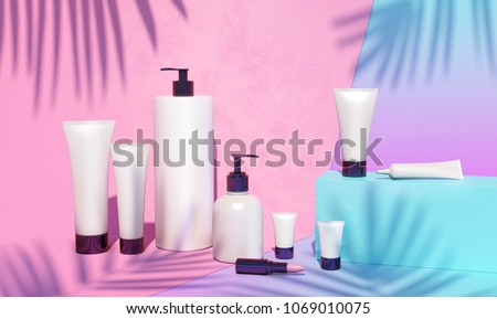 Trendy realistic mock up of cosmetics bottles, tubes and pink lipstick. Modern bright still life bundle. 3d illustration. Palm leaves shadows. Skin or hair care.