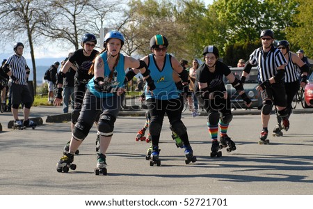 VANCOUVER, BC, CANADA - MAY 08: Terminal City Rollergirls participate in exhibition Roller Derby near Sunset Beach, May 08, 2010 in Vancouver, BC, Canada