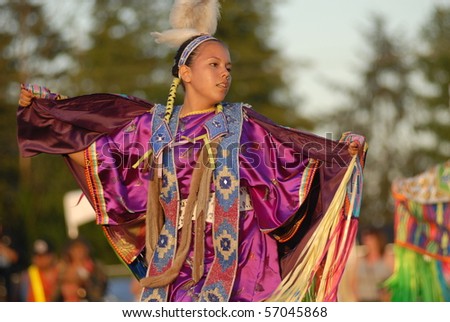 WEST VANCOUVER, BC, CANADA - JULY 10: Native Indian girls dance during annual Squamish Nation Pow Wow on July 10, 2010 in West Vancouver, BC, Canada