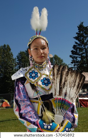 WEST VANCOUVER, BC, CANADA - JULY 10: Portrait of Native Indian girl taken during annual Squamish Nation Pow Wow on July 10, 2010 in West Vancouver, BC, Canada