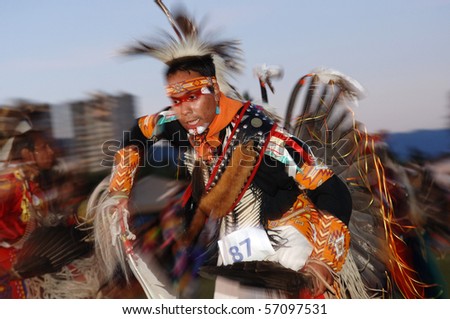 WEST VANCOUVER, BC, CANADA - JULY 10: Native Indian man participates in annual Squamish Nation Pow Wow on July 10, 2010 in West Vancouver, BC, Canada