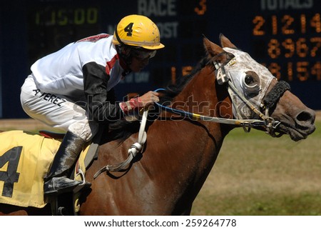 VANCOUVER, CANADA - AUGUST 6, 2012: Horses ridden by jockeys compete at Hastings Park racecourse in Vancouver, Canada, on August 6, 2012.