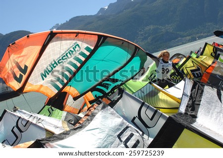 SQUAMISH, BC, CANADA - AUGUST 4, 2012: Athletes compete in the Kiteboarding Racing Championship in Squamish, BC, Canada, ON August 4, 2012.