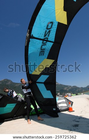 SQUAMISH, BC, CANADA - AUGUST 4, 2012: Athletes compete in the Kiteboarding Racing Championship in Squamish, BC, Canada, ON August 4, 2012.
