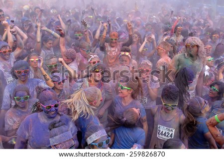 VANCOUVER, CANADA - OCTOBER 5, 2013: Thousands of runners took part in the 2013 Colour Me Rad 5K run at University of British Columbia in Vancouver, Canada, on October 5, 2013.
