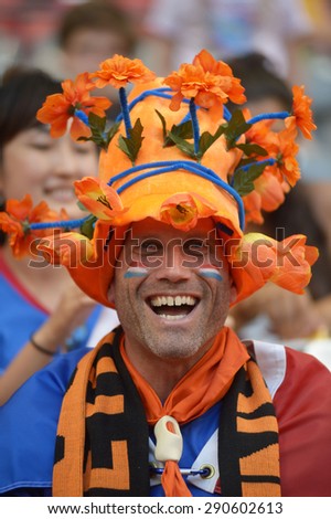 VANCOUVER, CANADA - JUNE 23, 2015: Fans of Netherlands attend a FIFA Women\'s World Cup Canada 2015 match in Vancouver, Canada, on June 23, 2015.