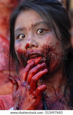 VANCOUVER, CANADA - SEPTEMBER 5, 2015: People dressed as zombies attend the annual Zombie Walk in Vancouver, Canada, Sep.5, 2015.