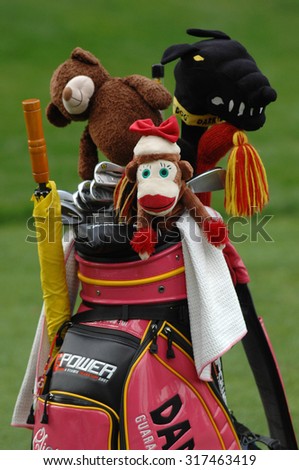 COQUITLAM, CANADA - AUGUST 21, 2015: A variety of colorful golf club head covers are seen on golfers bags at the CN Canadian Women\'s Open LPGA golf tournament in Coquitlam, Canada, August 21, 2015.